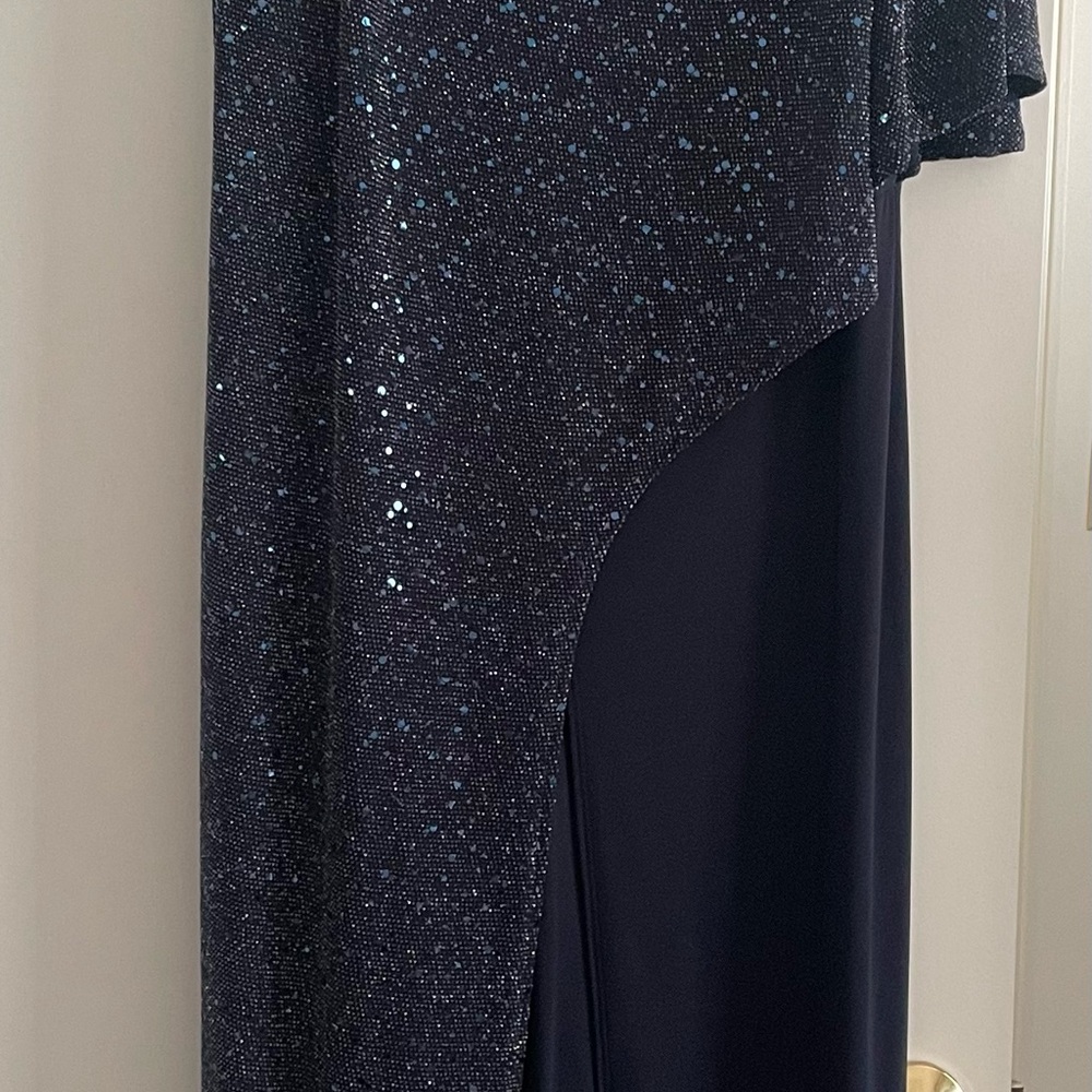 R&M Richards Navy Sparkle Asymmetrical Evening Jumpsuit